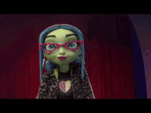 a monster high doll with green hair and blue eyes wearing glasses