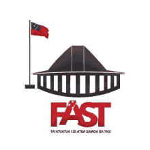 a logo for fast with a building and a flag in the background