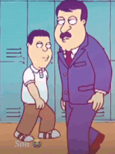 a cartoon of a man in a suit standing next to a boy