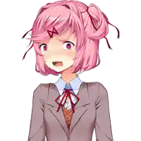 a girl with pink hair and a red bow on her head