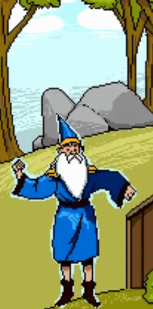a pixel art drawing of a wizard with a beard