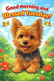 a picture of a dog with the words good morning and blessed tuesday on it