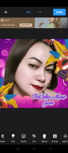 a woman 's face is surrounded by colorful feathers and the words " ritaha music jam " on the bottom