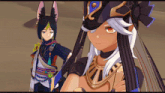 a couple of anime characters standing next to each other with one wearing a hat with the letter p on it
