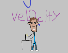 a drawing of a man with the word velocity written on the wall behind him