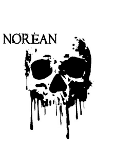 a black and white drawing of a skull with the word norean underneath it