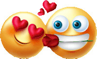 two smiley faces with hearts in their eyes and one holding a red rose