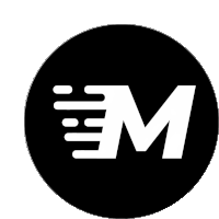 a black circle with a white letter m in it