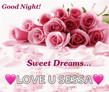 a bouquet of pink roses with the words " good night sweet dreams ... love u sessa "