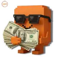 a cartoon character holding a stack of 100 dollars