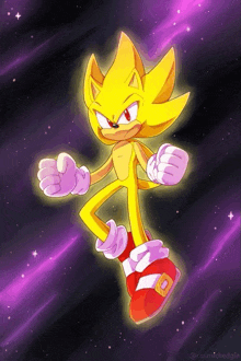 a drawing of super sonic from sonic the hedgehog with a purple background