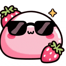 a pink cartoon character wearing sunglasses and a strawberry on its head .