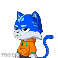 a cartoon drawing of a blue cat with the word stop written above it