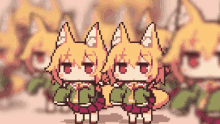 two foxes are standing next to each other in a pixel art .