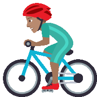 a person wearing a red helmet is riding a blue bicycle