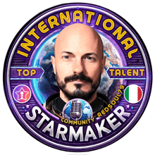 a man with a beard is in a purple circle that says international talent starmaker