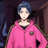 a boy with blue hair is wearing a pink hoodie with a leopard print .