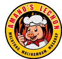 the logo for amano 's lechon shows a pig wearing a chef 's hat