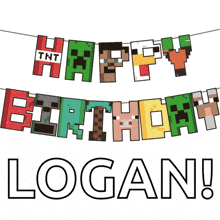 a banner that says happy birthday logan with minecraft characters