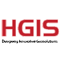 a red and white logo for hgis designing innovative geosolutions