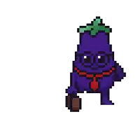 a pixel art illustration of a purple eggplant with the words back to work above it