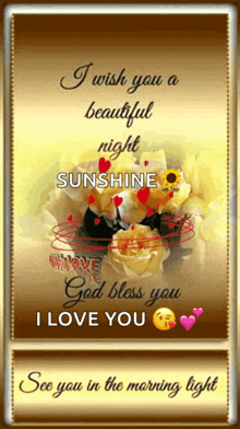 a greeting card that says `` i wish you a beautiful night sunshine god bless you i love you see you in the morning light ''