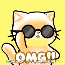 a cartoon cat wearing round sunglasses says omg look at you so pretty