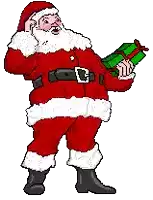 a pixel art of santa claus talking on a cell phone while holding a gift box