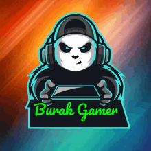 a panda wearing headphones and holding a tablet with the words burak gamer written below it