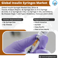 an advertisement for the global insulin syringes market shows a person holding a syringe