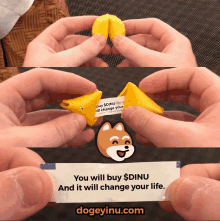 a fortune cookie that says you will buy $ dinu and it will change your life on it