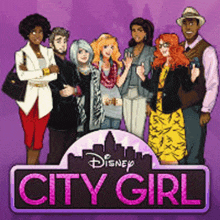 a group of people standing in front of a sign that says disney city girl