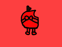 a cartoon drawing of a red apple with arms and legs on a red background