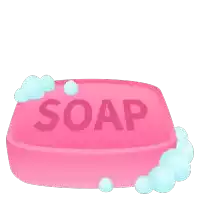 a pink bar of soap with blue bubbles around it