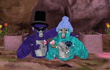 a purple gorilla and a blue gorilla are sitting next to each other with the gorilla holding a rose