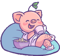 a cartoon pig is sitting on a bean bag chair with a bowl of popcorn and a cup of coffee
