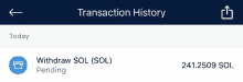 a phone screen shows a transaction history with a withdraw sol ( sol ) pending