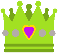 a green crown with a yellow and purple heart on it