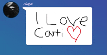 a speech bubble that says i love carti with a heart