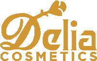 a gold logo for delia cosmetics with a flower on it