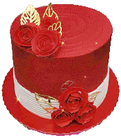 a red and white cake with red roses on top