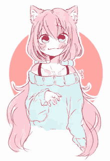 a drawing of a girl with pink hair and cat ears wearing a blue sweater