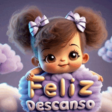 a little girl holding a purple pillow that says feliz descanso