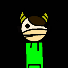 a cartoon character wearing headphones and a green shirt has horns on his head