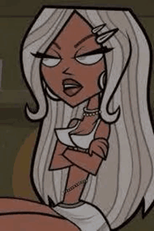 a cartoon girl with long white hair is sitting with her arms crossed and making a funny face .