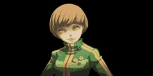 a girl with short hair and yellow eyes is wearing a green and yellow jacket with buttons .