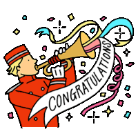 a cartoon of a man blowing a trumpet with a banner that says congratulations .