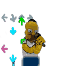 homer simpson is singing into a microphone with arrows pointing up and down .