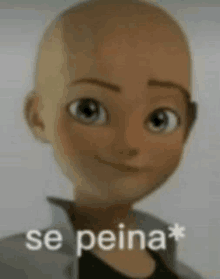 a close up of a cartoon character with a bald head and the words `` se peina '' .