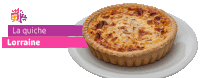 a white plate topped with a quiche that says la quiche lorraine on it